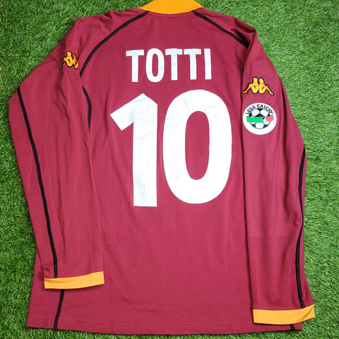 Totti As Roma Kappa 2001 2002 Home Long Sleeve Soccer Jersey Shirt L